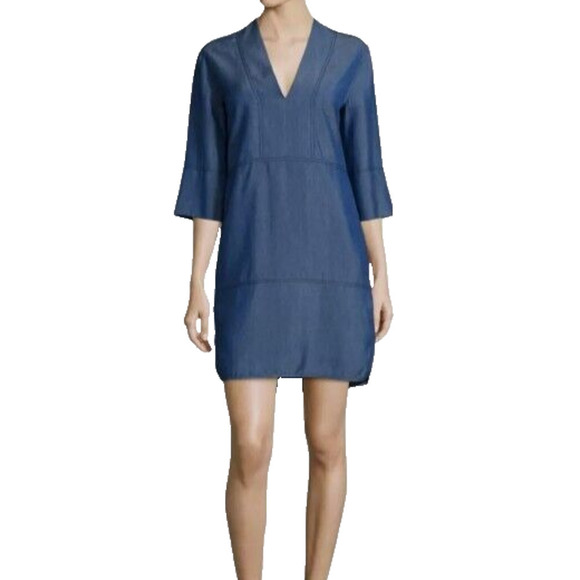 Vince S Chambray Mini Dress Blue V Neck Realxed Fit Tunic Pockets Shift - Picture 1 of 8